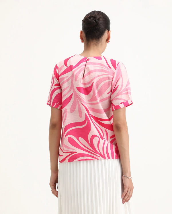Rareism Women Somtij Pink Viscose Nylon Fabric Half Sleeve Round Neck Button Closure Abstract Print Top