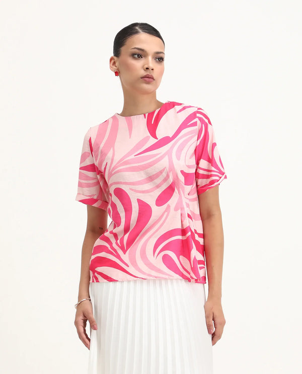 Rareism Women Somtij Pink Viscose Nylon Fabric Half Sleeve Round Neck Button Closure Abstract Print Top