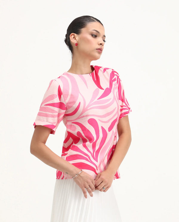 Rareism Women Somtij Pink Viscose Nylon Fabric Half Sleeve Round Neck Button Closure Abstract Print Top