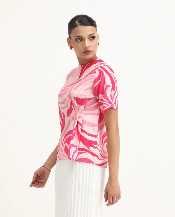Rareism Women Somtij Pink Viscose Nylon Fabric Half Sleeve Round Neck Button Closure Abstract Print Top