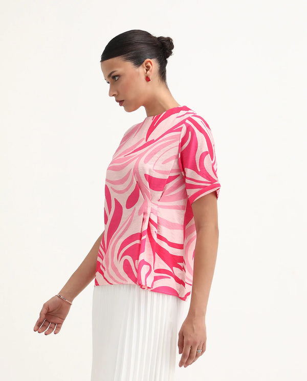 Rareism Women Somtij Pink Viscose Nylon Fabric Half Sleeve Round Neck Button Closure Abstract Print Top
