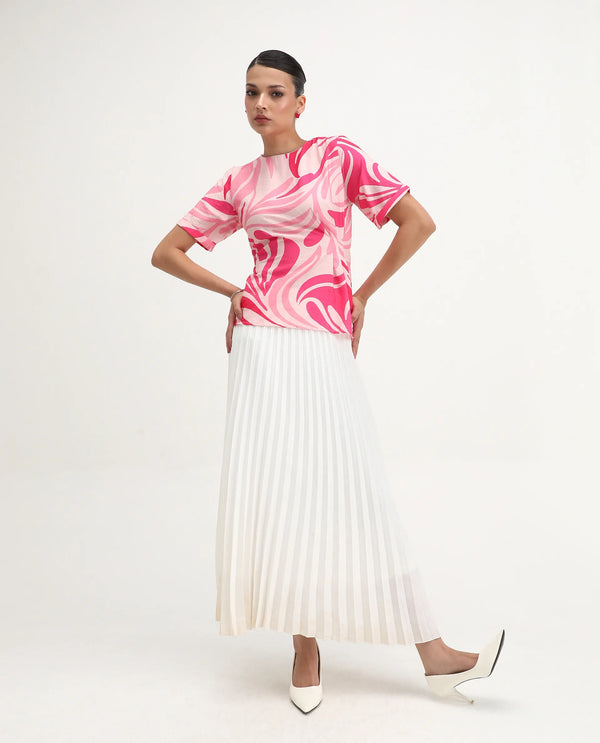 Rareism Women Somtij Pink Viscose Nylon Fabric Half Sleeve Round Neck Button Closure Abstract Print Top