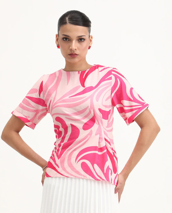 Rareism Women Somtij Pink Viscose Nylon Fabric Half Sleeve Round Neck Button Closure Abstract Print Top