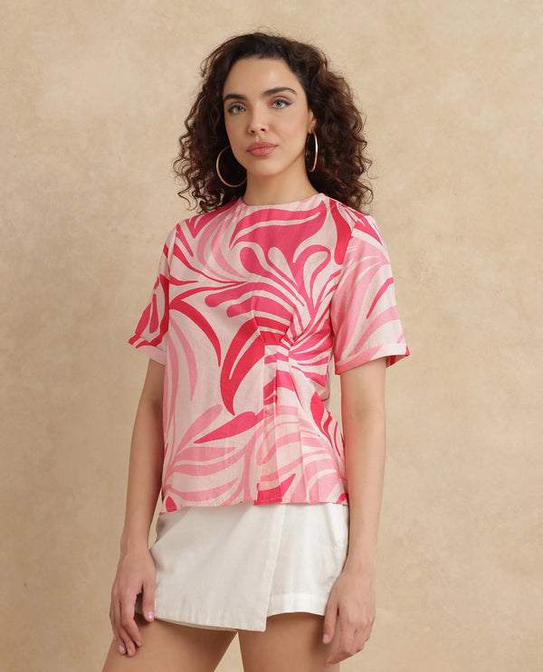 Rareism Women Somtij Pink Viscose Nylon Fabric Half Sleeve Round Neck Button Closure Abstract Print Top