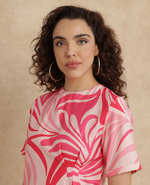Rareism Women Somtij Pink Viscose Nylon Fabric Half Sleeve Round Neck Button Closure Abstract Print Top