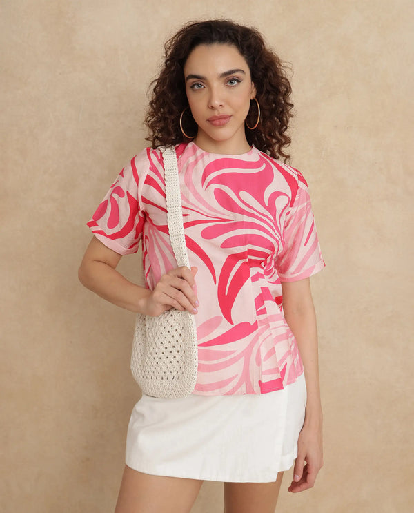 Rareism Women Somtij Pink Viscose Nylon Fabric Half Sleeve Round Neck Button Closure Abstract Print Top