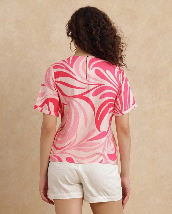 Rareism Women Somtij Pink Viscose Nylon Fabric Half Sleeve Round Neck Button Closure Abstract Print Top