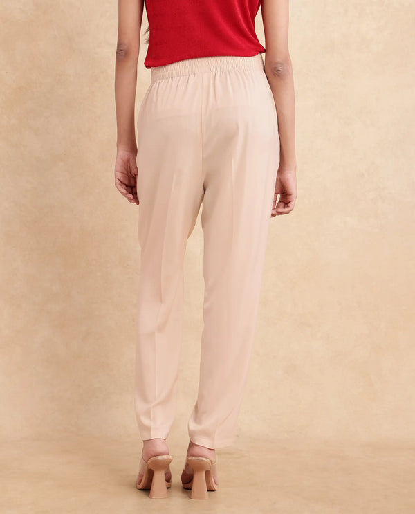 Rareism Women Somuth Beige Polyester Fabric Straight Fit Ankle Length Plain Trouser
