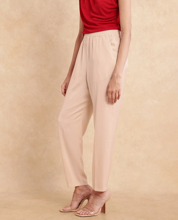 Rareism Women Somuth Beige Polyester Fabric Straight Fit Ankle Length Plain Trouser
