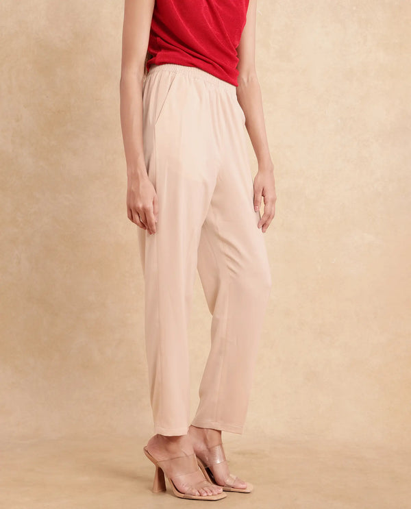 Rareism Women Somuth Beige Polyester Fabric Straight Fit Ankle Length Plain Trouser