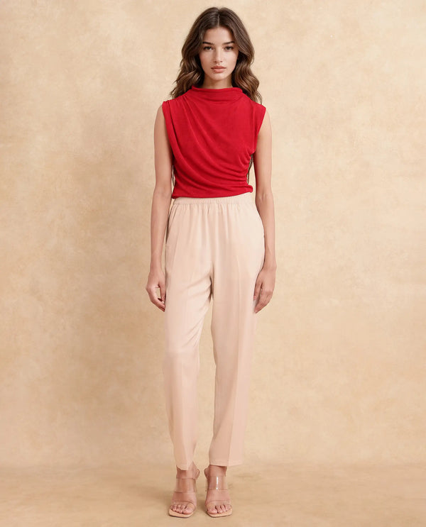 Rareism Women Somuth Beige Polyester Fabric Straight Fit Ankle Length Plain Trouser