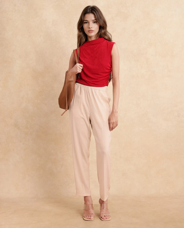 Rareism Women Somuth Beige Polyester Fabric Straight Fit Ankle Length Plain Trouser