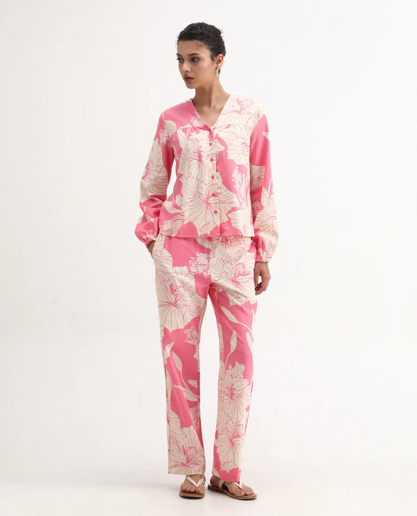 Rareism Women Somyan-B Pink Rayon Fabric Straight Fit Ankle Length Floral Print Trouser