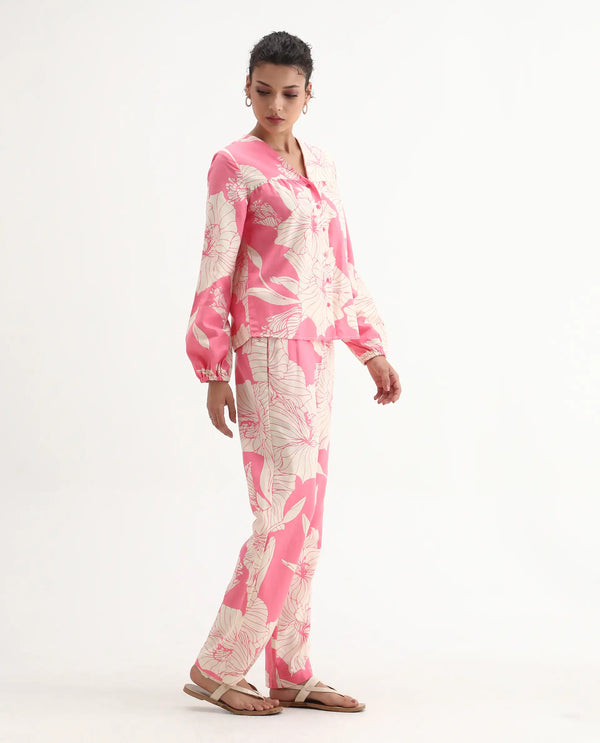 Rareism Women Somyan-B Pink Rayon Fabric Straight Fit Ankle Length Floral Print Trouser