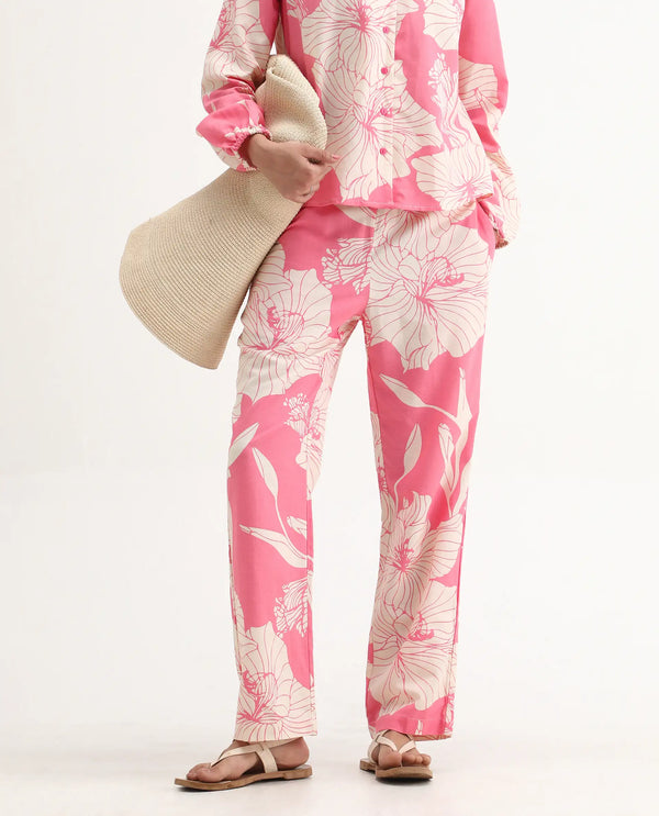 Rareism Women Somyan-B Pink Rayon Fabric Straight Fit Ankle Length Floral Print Trouser