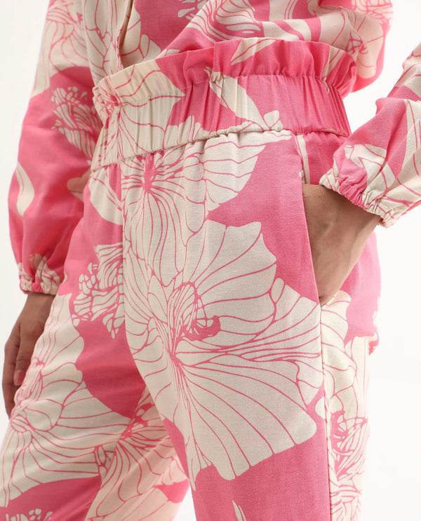 Rareism Women Somyan-B Pink Rayon Fabric Straight Fit Ankle Length Floral Print Trouser