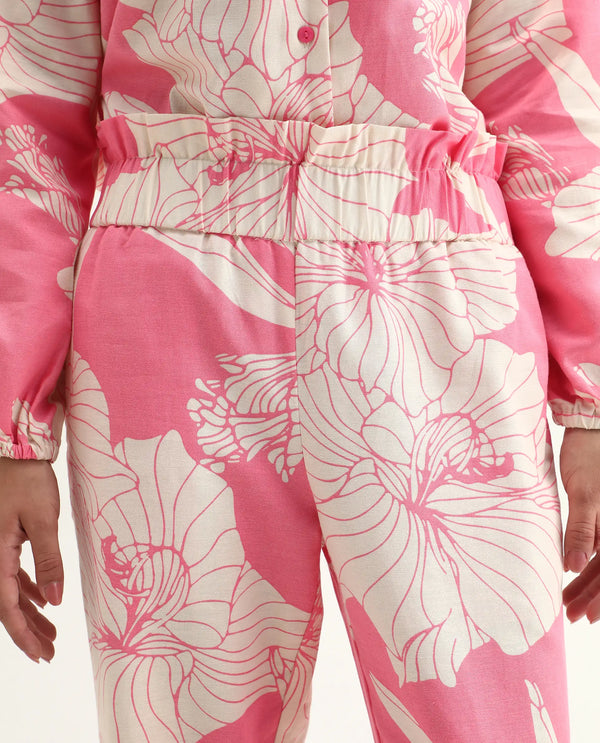 Rareism Women Somyan-B Pink Rayon Fabric Straight Fit Ankle Length Floral Print Trouser