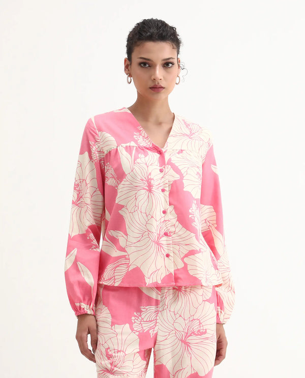 Rareism Women Somyan-T Pink Rayon Fabric Full Sleeve V-Neck Button Closure Floral Print Top