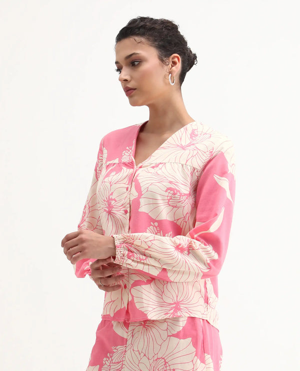 Rareism Women Somyan-T Pink Rayon Fabric Full Sleeve V-Neck Button Closure Floral Print Top