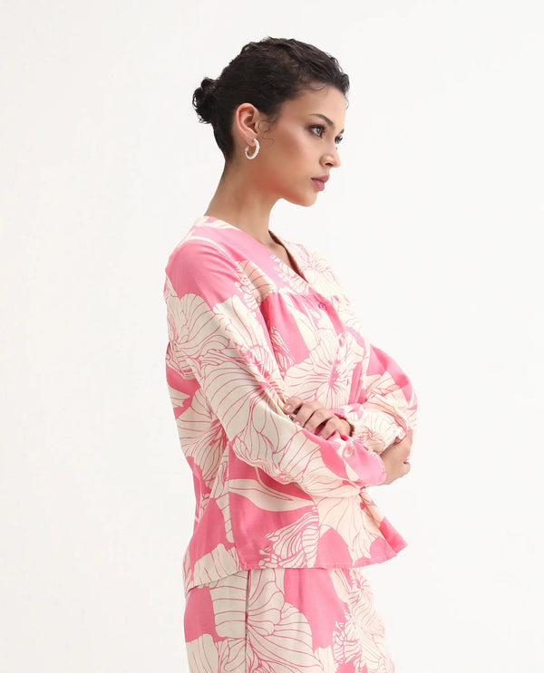 Rareism Women Somyan-T Pink Rayon Fabric Full Sleeve V-Neck Button Closure Floral Print Top