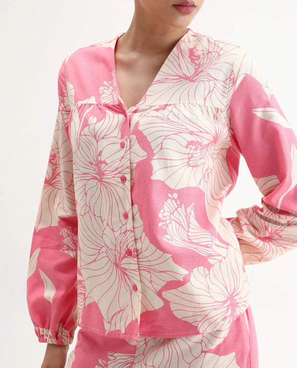 Rareism Women Somyan-T Pink Rayon Fabric Full Sleeve V-Neck Button Closure Floral Print Top