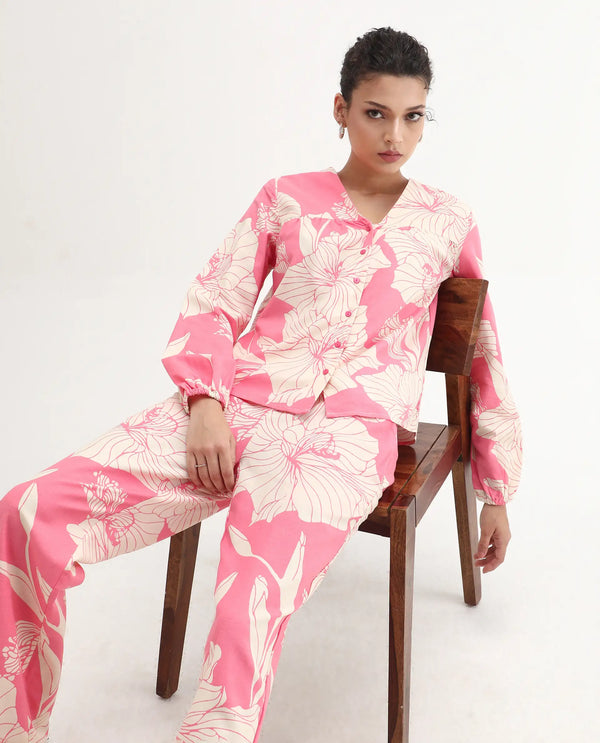 Rareism Women Somyan-T Pink Rayon Fabric Full Sleeve V-Neck Button Closure Floral Print Top