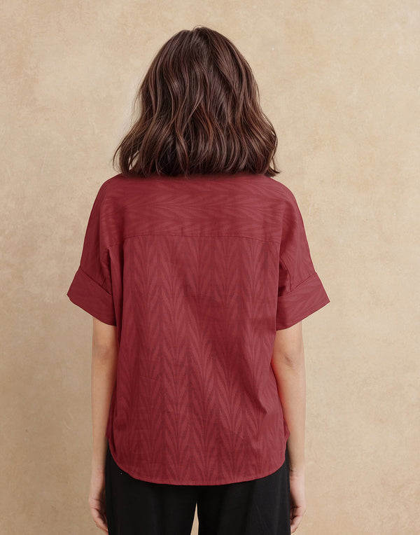 Rareism Women Somyas Red Cotton Fabric Extended Sleeve Johnny Collar Relaxed Fit Plain Top