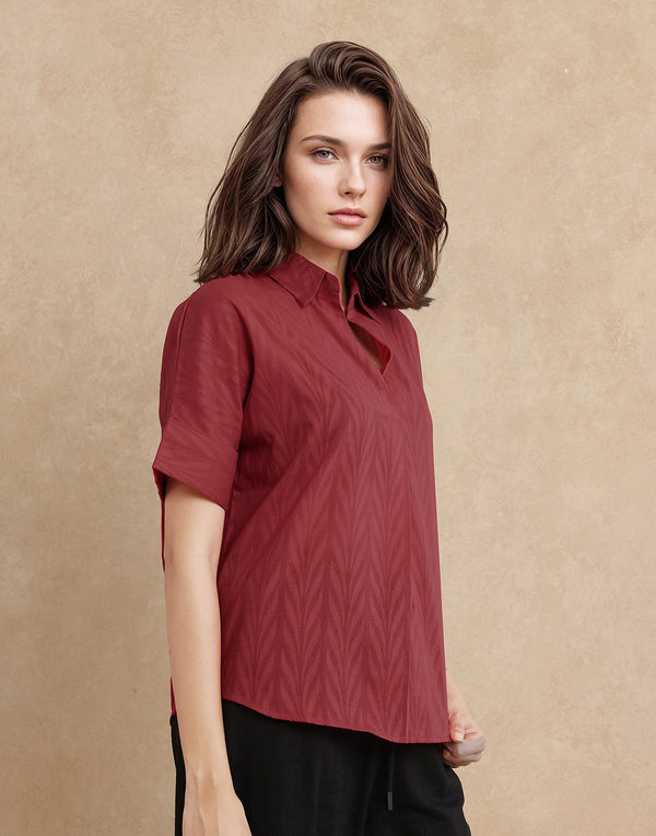 Rareism Women Somyas Red Cotton Fabric Extended Sleeve Johnny Collar Relaxed Fit Plain Top