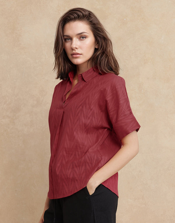 Rareism Women Somyas Red Cotton Fabric Extended Sleeve Johnny Collar Relaxed Fit Plain Top