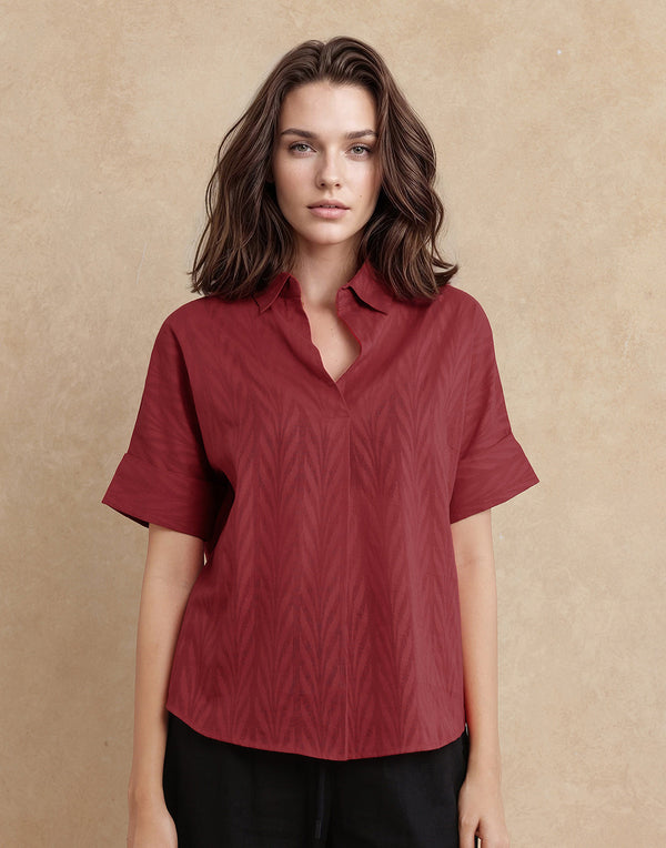 Rareism Women Somyas Red Cotton Fabric Extended Sleeve Johnny Collar Relaxed Fit Plain Top