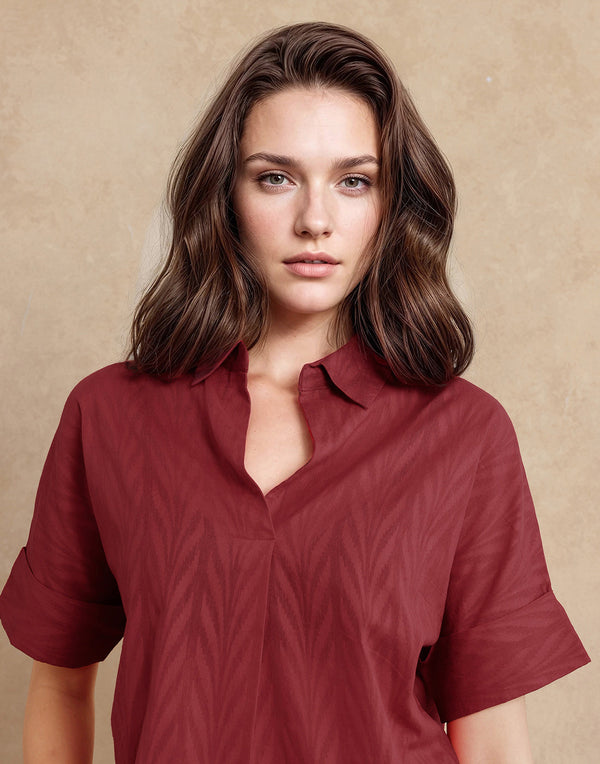 Rareism Women Somyas Red Cotton Fabric Extended Sleeve Johnny Collar Relaxed Fit Plain Top