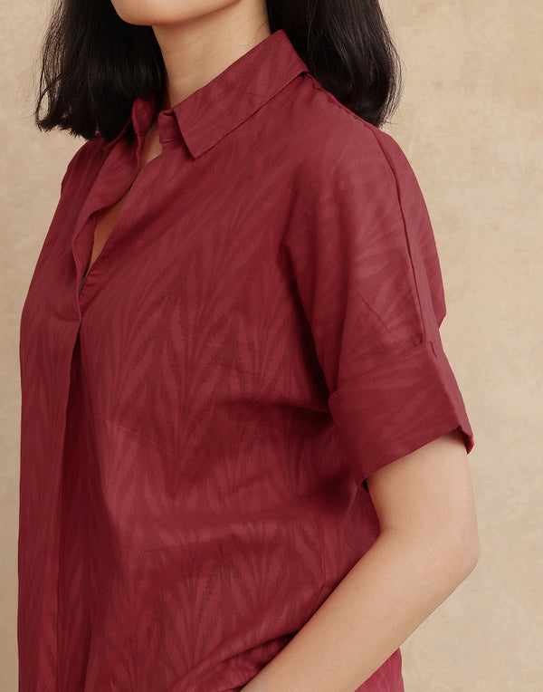Rareism Women Somyas Red Cotton Fabric Extended Sleeve Johnny Collar Relaxed Fit Plain Top
