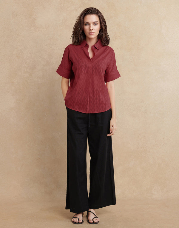 Rareism Women Somyas Red Cotton Fabric Extended Sleeve Johnny Collar Relaxed Fit Plain Top