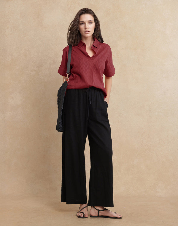 Rareism Women Somyas Red Cotton Fabric Extended Sleeve Johnny Collar Relaxed Fit Plain Top