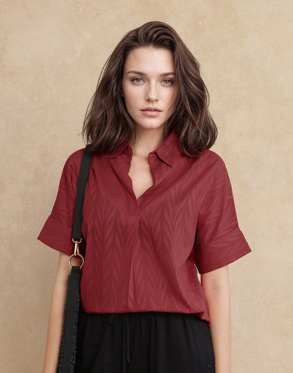 Rareism Women Somyas Red Cotton Fabric Extended Sleeve Johnny Collar Relaxed Fit Plain Top
