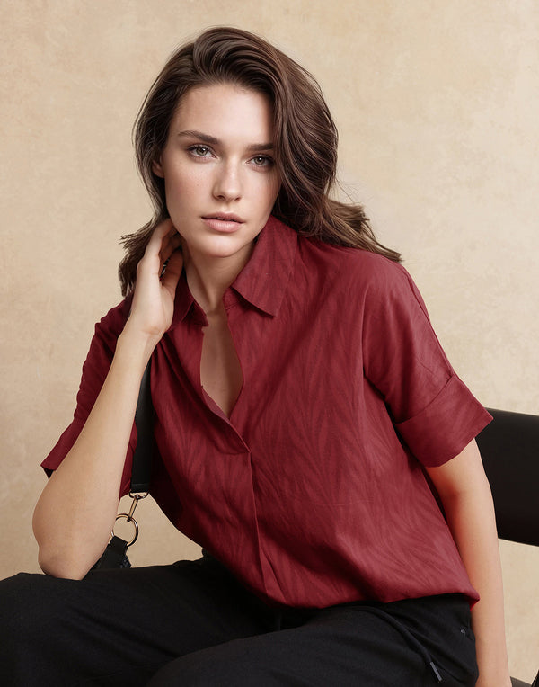 Rareism Women Somyas Red Cotton Fabric Extended Sleeve Johnny Collar Relaxed Fit Plain Top