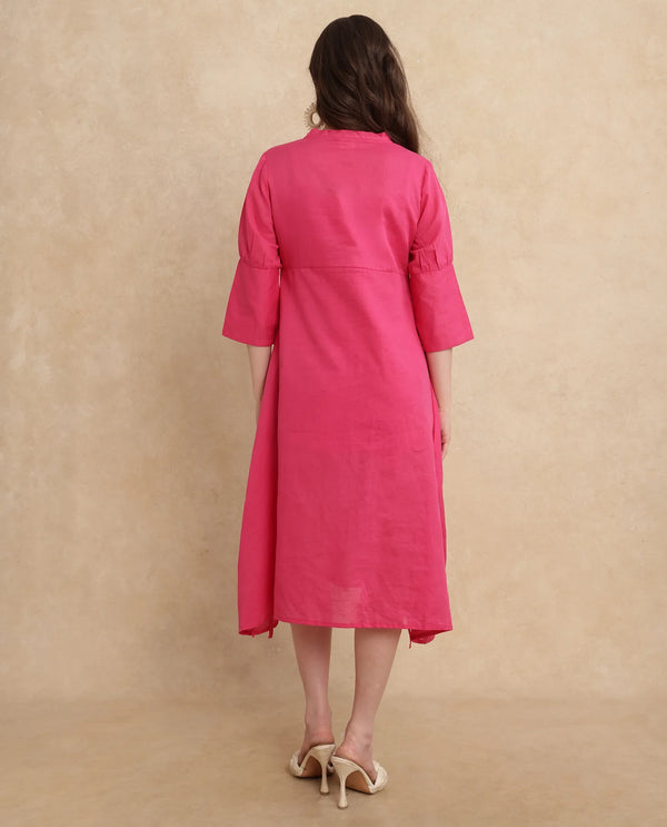 Rareism Women's Somyer Pink Linen Fabric V-Neck Slip-On Closure Half Sleeve Plain Flared Midi Dress