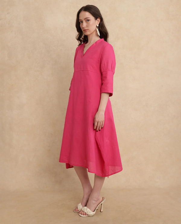 Rareism Women's Somyer Pink Linen Fabric V-Neck Slip-On Closure Half Sleeve Plain Flared Midi Dress