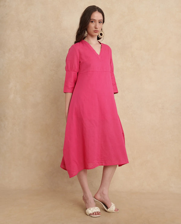 Rareism Women's Somyer Pink Linen Fabric V-Neck Slip-On Closure Half Sleeve Plain Flared Midi Dress