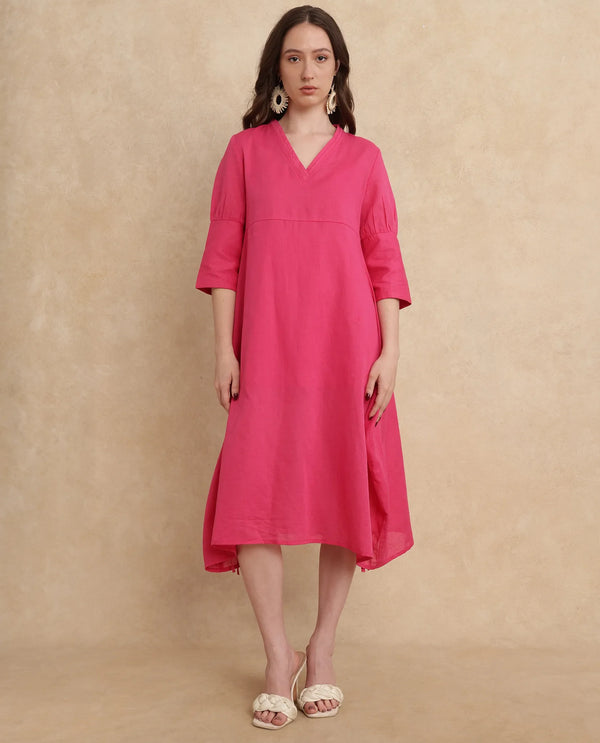 Rareism Women's Somyer Pink Linen Fabric V-Neck Slip-On Closure Half Sleeve Plain Flared Midi Dress