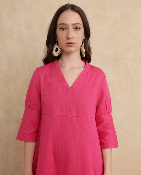 Rareism Women's Somyer Pink Linen Fabric V-Neck Slip-On Closure Half Sleeve Plain Flared Midi Dress