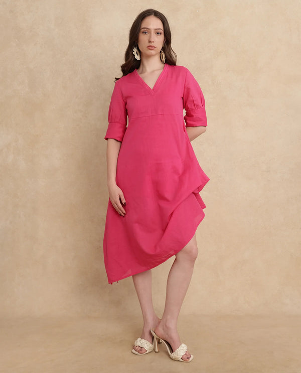Rareism Women's Somyer Pink Linen Fabric V-Neck Slip-On Closure Half Sleeve Plain Flared Midi Dress