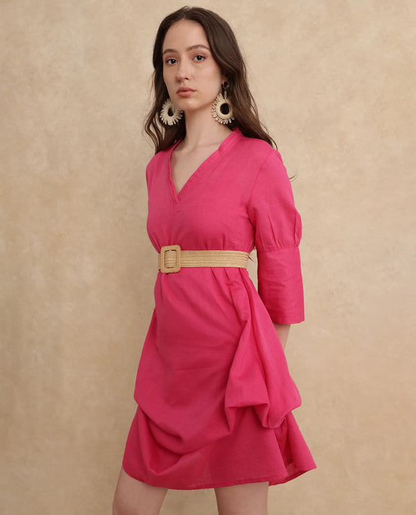Rareism Women's Somyer Pink Linen Fabric V-Neck Slip-On Closure Half Sleeve Plain Flared Midi Dress