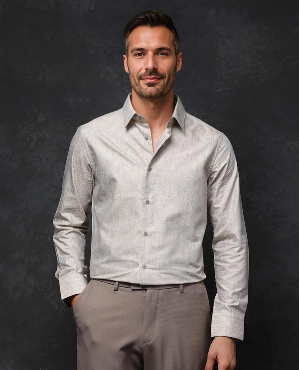 Rare Rabbit Men Sonnet Beige Cotton Full Sleeve Button Closure Regular Fit Geometric Print Shirt