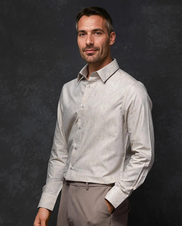 Rare Rabbit Men Sonnet Beige Cotton Full Sleeve Button Closure Regular Fit Geometric Print Shirt