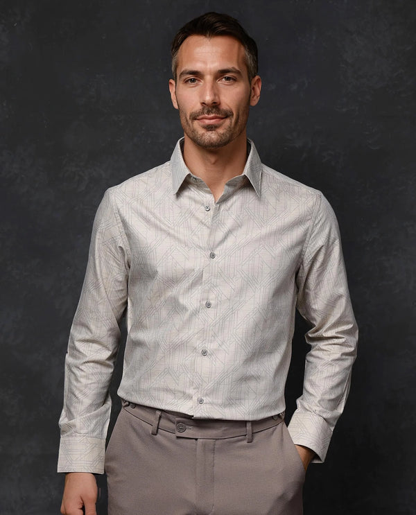Rare Rabbit Men Sonnet Beige Cotton Full Sleeve Button Closure Regular Fit Geometric Print Shirt