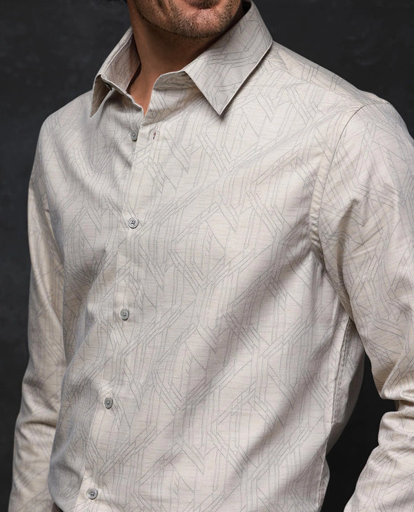Rare Rabbit Men Sonnet Beige Cotton Full Sleeve Button Closure Regular Fit Geometric Print Shirt