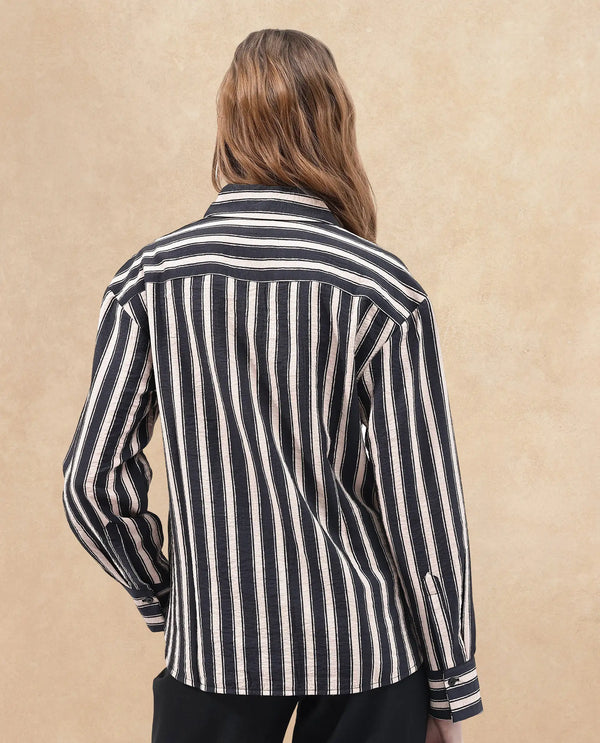 Rareism Women Sonora-SC Black Cuffed Sleeve Collared Neck Broad Stripes Shirt