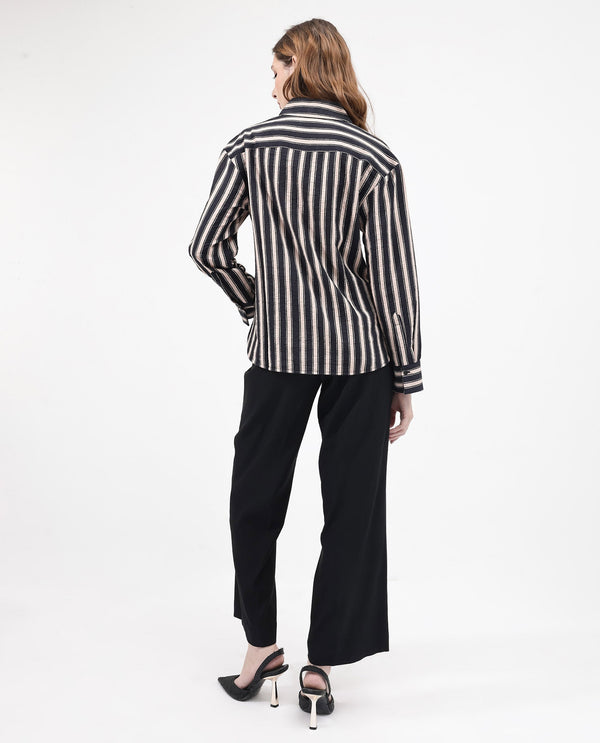 Rareism Women Sonora Black Cuffed Sleeve Collared Neck Broad Stripes Shirt