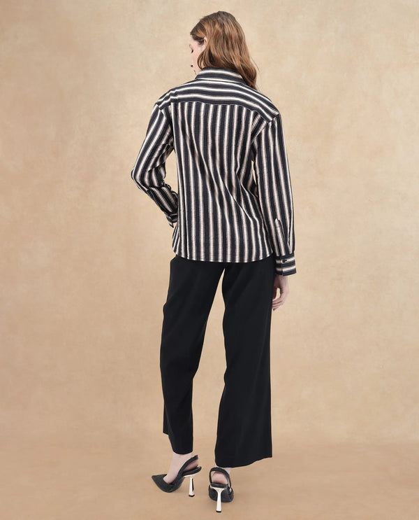 Rareism Women Sonora-SC Black Cuffed Sleeve Collared Neck Broad Stripes Shirt